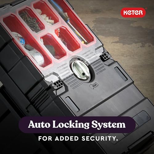 Keter Masterloader Resin Rolling Tool Box with Locking System and Removable Bins – Perfect Organization and Storage Chest for Power Drill, Tape Measure, and Screwdriver Set, Black - color: Black/Red, size: Masterloader