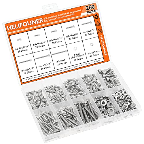 HELIFOUNER 250 Pieces #4-40 x 3/16" 1/4" 5/16" 3/8" 1/2" 5/8" 3/4" 1", Hex Socket Head Cap Screws Bolts Washers Nuts Kit, Coarse Thread, Fully Machine Threaded, 304 Stainless Steel - size: #4-40, style: Socket Head