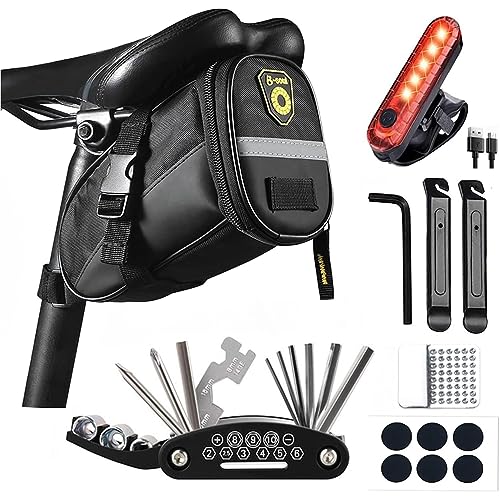 Bike Repair Tool Kit with Mini Bicycle Pump,16-in-1 Bike Multitool, Portable Bicycle Flat Tire Repair Kit for Road MTB EBikes, Bike Emergency Repair Kit, Saddle Bag with Tail Light - style: Repair Tool Kit With Bike Light