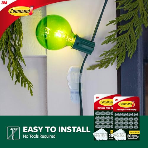 Command Outdoor Light Clips, 40 Clear and 48 Strips, Damage Free Hanging with Weather Resistant Strips, Wall Clips for Hanging Outdoor Lights and Cable Management - size: 2 Pack
