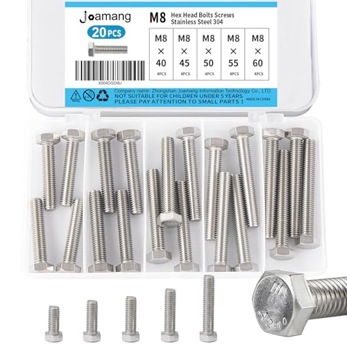 M8 x 40mm 45mm 50mm 55mm 60mm Hex Bolts, Hexagon Head Screws, 304 Stainless Steel(A2-70), Metric Fully Thread, Bright Finish, Assortment Kit 20PCS - size: M8x40-60mm(20PCS)