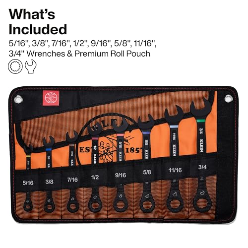 KLEIN TOOLS 69408G Ratcheting Combination Wrench Set, SAE, 8-Piece, 5/16 to 3/4-Inch, Steel Alloy, Foam Pouch, 90-Tooth