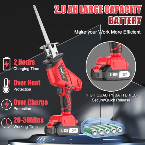 Cordless Reciprocating Saw, Electric Saw with Battery and Charger, 20V Battery Power Saws, 0-3500 SPM Variable Speed, Tool-Free Change, 4 PCS Blades for Wood PVC Metal Pipe Tree Cutting, 2 Batteries - style: Red 2 Batteries
