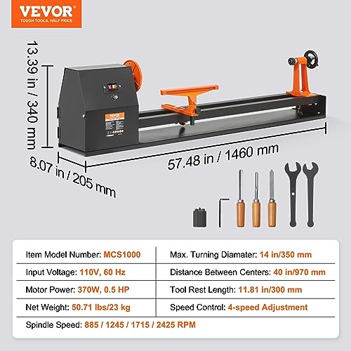 VEVOR Wood Lathe, 14 in x 40 in, 4 Speed Adjustable 885/1245/1715/2425 RPM 0.5 HP 370W Power Wood Turning Lathe Machine with Chisels Faceplate Plastic Handle Hex Wrench for Woodworking - size: 14" x 40"-0.5HP