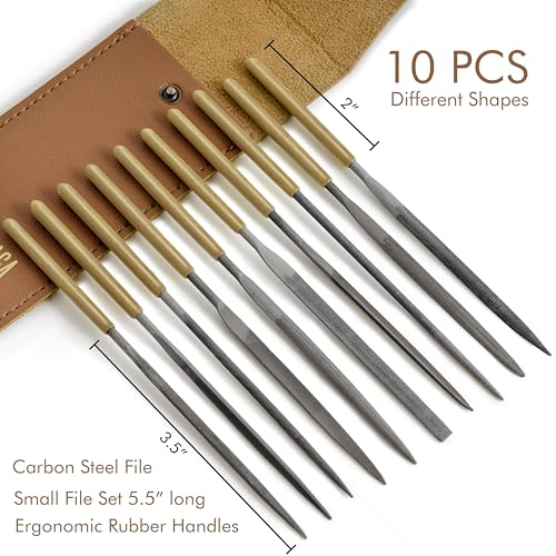 10Pcs Needle File Set, Needle Files Grade T12 Forged Steel, Compat Small File Set for Metal, Wood and Plastic. Needle Files with Convenient Synthetic Leather Storage Case.