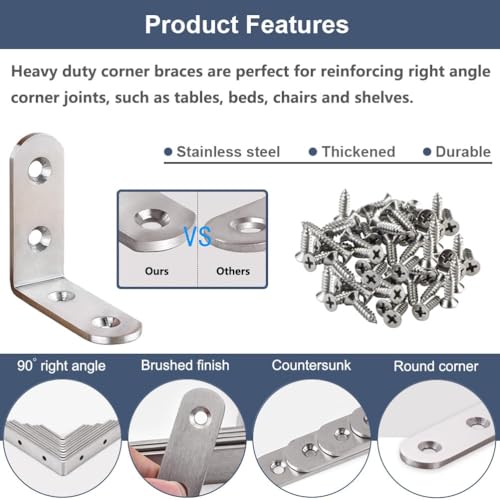 10 Pcs L Bracket Corner Braces 2 Inch Heavy Duty Stainless Steel Corner Brackets for Wood Shelves, 90 Degree Right Angle Joint Support Brackets with Screws - size: 10PCS-Silver 45*45mm/ 1.8in
