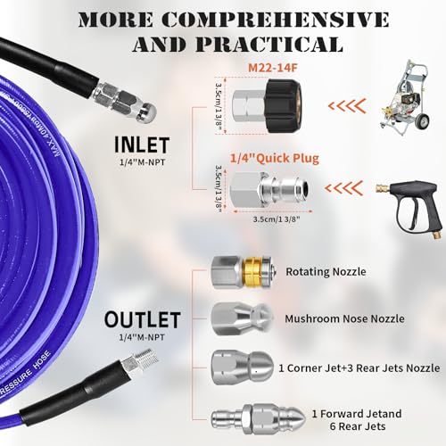 100FT Sewer Jetter Kit for Pressure Washer, 5800PSI Drain Cleaner Hose - color: Purple-100FT hose