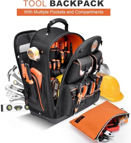 Tool Backpack with 2 Small Tool Bags – LOKASS Heavy Duty Backpack Tool Bag with Molded Base,1680D Tool Organizer with Laptop Compartment & Combination Lock, Water-Resistant Electrician & HVAC Tool Bag - color: Dark Black