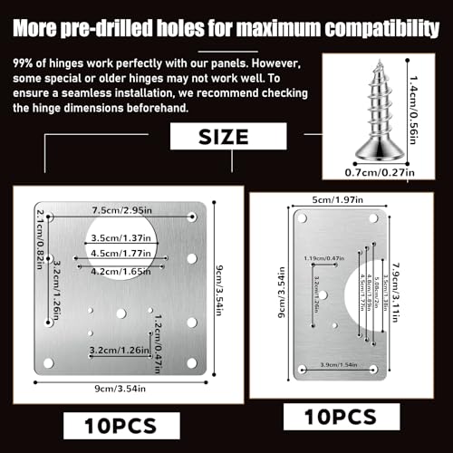 20 Pcs Cabinet Hinge Repair Plate, Stainless Steel Cabinet Hinge Repair Plate Kit with Mounting Screws, Stainless Steel CabinetRepair Board Door Hinges Mounting Plates (10 Half-square + 10Full-square) - size: 3.54 x 3.54 inches and 3.54 x 1.97 inches