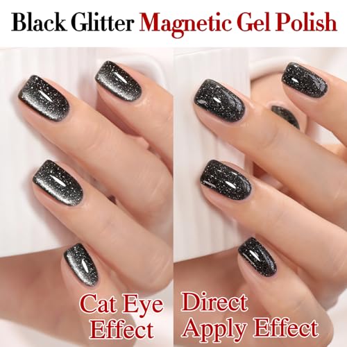 Double Rhythm Jelly Glass Cat Eye Gel Polish with Magnet 15ML Holographic Glitter Shimmer Translucent Sheer Color Magnetic Nail Polish Salon DIY at Home (Black Glitter-MC1061) - color: Black Glitter