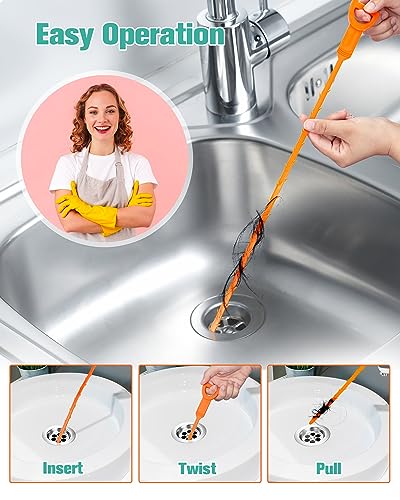 Oanie 7 Pack 25inch Drain Clog Remover Tool, Cleaner Hair Clog Remover(6pcs), Cleaner Sticks to Drain Hair Clog for Remover(1pcs), Sink Snake for Shower Kitchen Sink Bath Tub Bathroom(6+1)