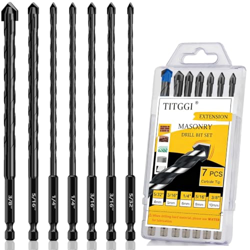 7Pcs Extended Masonry & Concrete Drill Bit Set, Wide-Tip, 5/32"-3/8" - size: 7 pcs 5/32"-3/8" Masonry Drill Bits Set