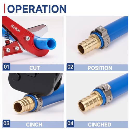 iCrimp KIT-BJ02 PEX Crimping Tool Kit with PEX Clamps, PEX Pipe Cutter, One-Handed PEX Clamp Tool for Cinching 3/8-in, 1/2-in, 3/4-in, 1-in PEX Clamps, Cinch Only
