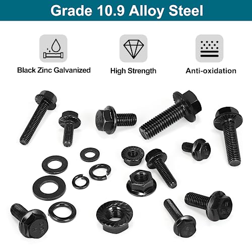 SATANTECH 272Pcs Flange Hex Bolts and Nuts Kit,M6 Bolt,M8 x1.25 Bolts,M10-1.5, Metric Bolt Assortment,Alloy Steel Class 10.9 Black Zinc Plated,Full Coarse Thread (12mm to 30mm) - color: Black Flange M6 M8 M10 Hex Bolt