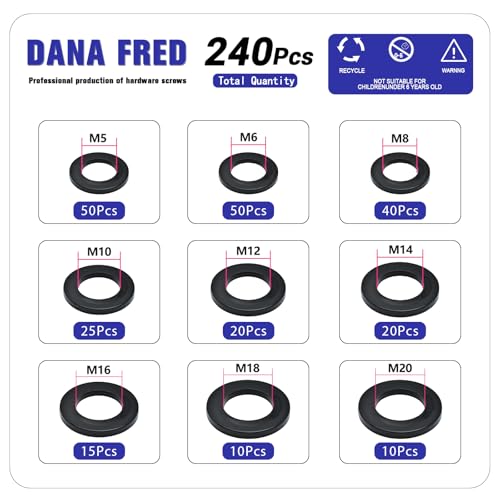 240pcs Nylon Large Flat Round Washer Spacer,9 Sizes Black Flat Washers Assortment Kit,Countersunk Plastic Spacer Thickness Gasket Ring Hardware Tool Fastener for Screw M5 M6 M8 M10 M12 M14 M16 M18 M20