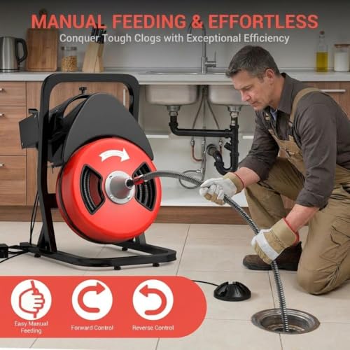 50ft x 1/2" Auto-Feed Drain Snake Cleaning Machine - 450W Electric Sewer Auger with 4 Cutters & Wheels for Sink, Toilet, Floor Drain