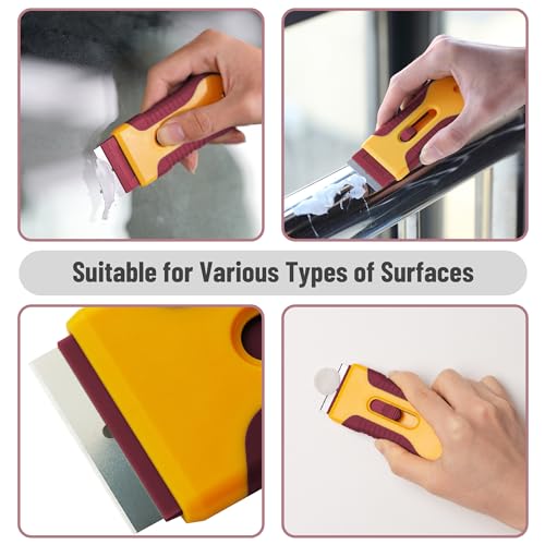 Bates- Razor Blade Scraper Tool, 2 Pack, 30 Extra Steel Blades, Anti-Slip Ergonomic Handle Design, Razor Scraper Set for Cleaning Window, Paint, Oven, Glass, Stove - color: Yellow and Red