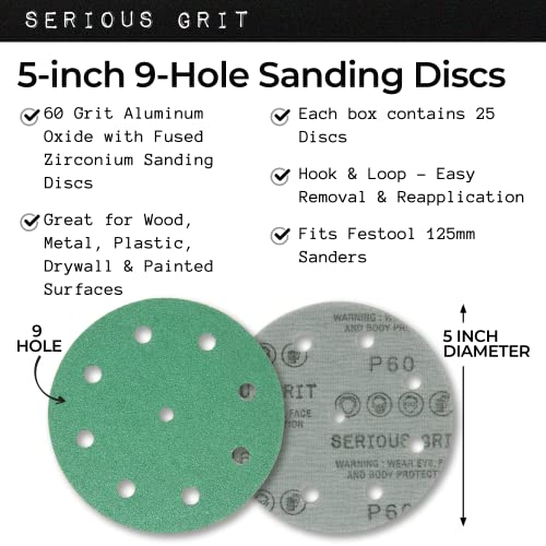 Serious Grit - 5-Inch 9-Hole P60 Grit Sanding Discs - 25 Pack Box - size: 60 Grit