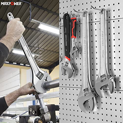 MAXPOWER 18" Adjustable Wrench, 2-1/8" Jaw Opening, Tapered Handle | Adjustable Spanner with SAE/Metric Scales, Polished Finish, and Comfort Grip – Perfect for Plumbing, Nuts, and Pipes - size: 18"