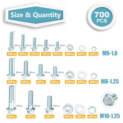 KADRICK 700PCS Class 8.8 Metric Bolt Assortment,M6 M8 M10 Flange Hex Bolts - size: 700Pcs M6-M10 FLANGE HEX Eco-Friendly