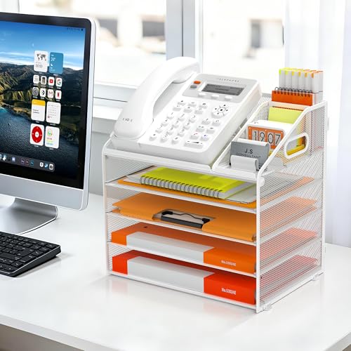 DocNest 5 Tier Metal Mesh Desk File Organizer with Phone Shelf, White - color: White, size: 12.6" x 9.1" x 13.3"