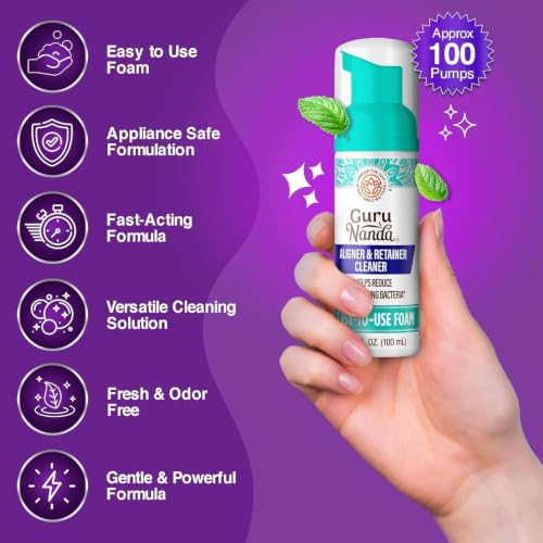 GuruNanda Aligner & Retainer Cleaner Foam – Gentle Cleaning for Aligners, Retainers, Veneers & Mouthguard, Helps Neutralize Odors, Ideal for Daily Use, 100 ml (Pack of 2) - style: 3.38 Fl Oz (Pack of 2)