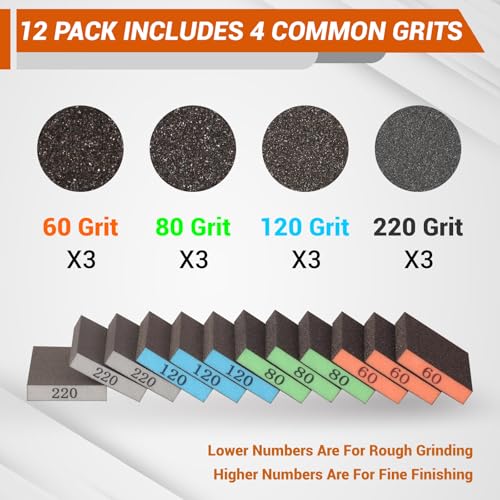 INBOF 12 Pack Sanding Block, 60/80/120/220 Grit Sanding Sponge, Washable and Reusable Sandpaper Block, Sandpaper for Wood and Drywall, Sand Paper for Wood Furniture and Wall Repair