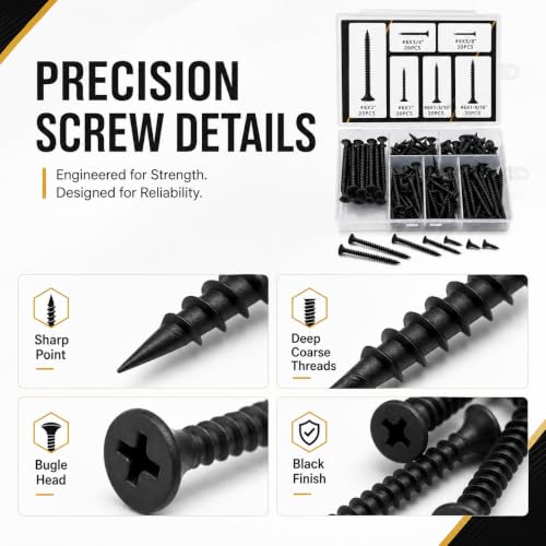 Drywall Screw Assortment Kit, 130PCS 6 Sizes, Self-Tapping Bugle Head, Black Oxide Coated