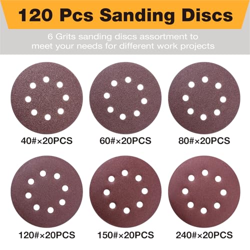 120 Pcs Sanding Discs, 5 Inch Sandpaper, 40, 60, 80, 120, 150, 240 Grits