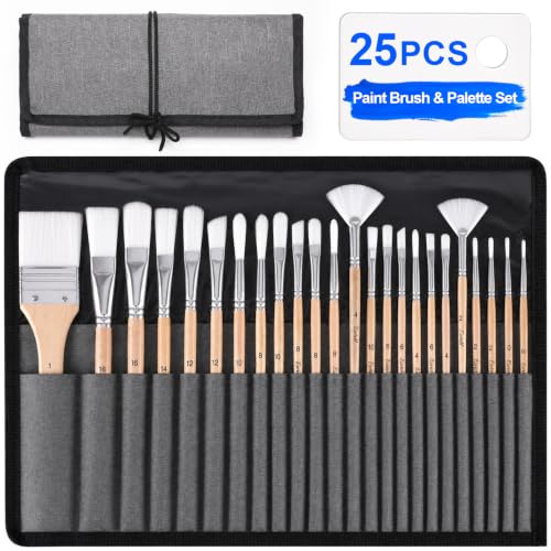 ESRICH 25Pcs Paint Brushes Set, 7 Shapes Paintbrushes for Acrylic Painting