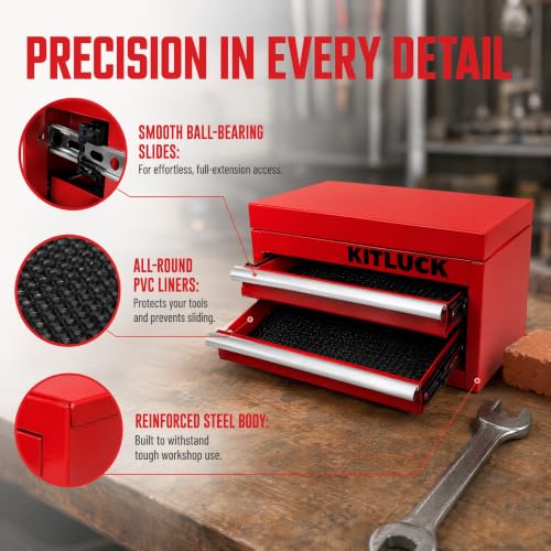 KITLUCK Mini Metal Tool Box, 2-Drawer Top Chest with Ball Bearing Slides, PVC Linerst, Durable Cold Rolled Steel Small Tool Organizer for DIY Home Office Multi-Purpose Storage,Red - color: RED
