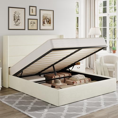 Allewie Queen Size Chenille Lift Up Hydraulic Storage Bed Frame Cream White - color: Cream White, size: Queen, style: Modern