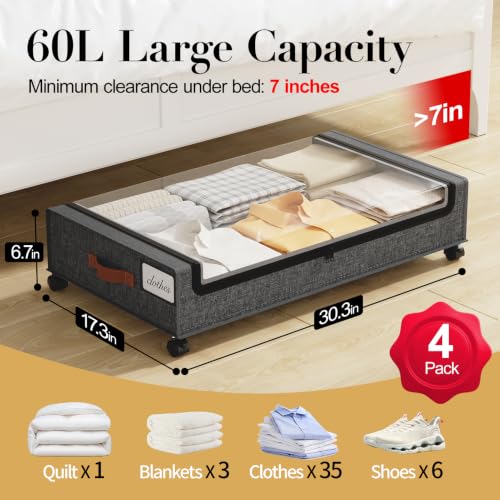Yecaye 60L Under Bed Storage with Wheels, 4 Pack, Hemp Grey - color: Hemp Gray, size: 4 Pack