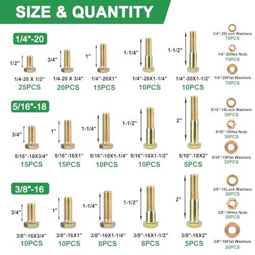 Foliv 566pcs Upgraded Grade 8 Bolt Assortment Kit, Including 1/4-20 5/16-18 3/8-16 Bolts Nuts Washers - size: 566pcs Grade 8 bolts 1/4-20 5/16-18 3/8-16