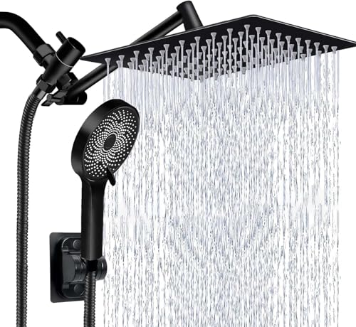 Shower Head,10 Inch High Pressure Rain Shower Head with Handheld Spray Combo, Adjustable Dual Rainfall Shower Head - Showerhead Comb Set with Extension Arm - 60 Inch Long Shower Hose(Black) - color: Black, size: 10 Inch