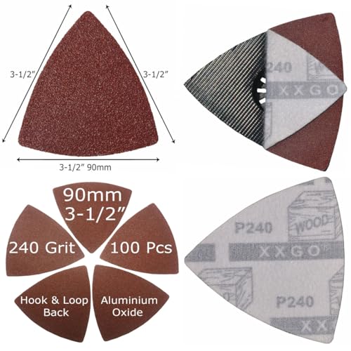 XXGO 100 Pcs 240 Grits 3-1/2 Inch 90mm Triangular Multi Tool Sanding Paper | For Metal Wood Sanding Hook & Loop Design Strong Velcro - size: 3-1/2 Inch 240 Grit - 100 Pcs