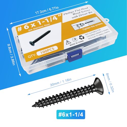 100PCS #6 x 1-1/4" Black Wood Screws, Flat Head Stainless Steel Sheet Metal Screws, Fast Self Tapping Screws for Deck Drywall Concrete Screws with Screwdriver Bit - style: Black #6X1-1/4" Flat Head 100PCS