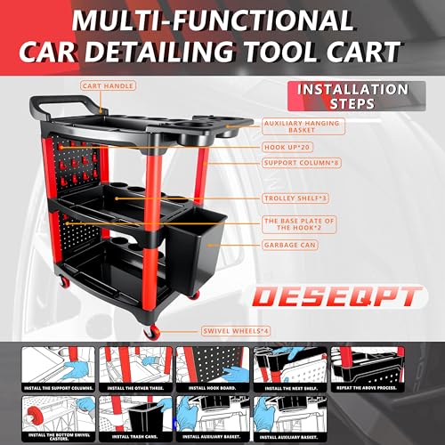 Auto Detailing Cart with Wheels, 3 Tier Rolling Detail Cart - color: Upgraded
