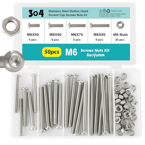 50PCS M6 x 50mm 60mm 70mm 80mm, Button Head Socket Cap Screws Bolts Nuts Kit, Stainless Steel 304, Metric Allen Hex Drive, Fully Threaded - size: Button M6x50/60/70/80mm