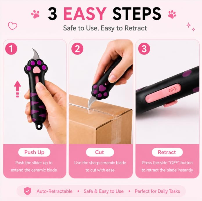 MiracDan Paw Box Cutter, Retractable Claw Cutting Tool, Portable Utility Box Opener with Fluffy Black Keychain, Mini Pocket Cutter for Packages, Crafts & Daily Use