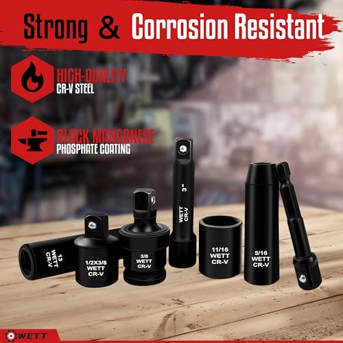 WETT 50Pcs 3/8" Drive Impact Socket Set, SAE/Metric, Deep/Shallow Sockets, with Adjustable Ratchet Handle, Extension Bar, Universal Joint, Adapter & Reducer, Cr-V Steel,(5/16"-3/4", 8-22mm) - size: 3/8" Drive Impact Socket Set (50pcs)