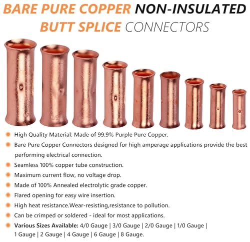 SVAAR 0000 Gauge Flared Barrel Butt Splice Connectors Kit 6PCS 4/0 AWG Non-Insulated Butt Connectors Bare Pure Copper Flared Compression Butt Splices Crimp Butt Terminals+6 PCS Heat Shrinks - color: Bare Copper