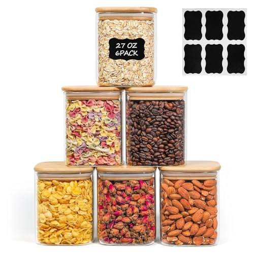 ComSaf Glass Jars with Bamboo Lids 0.8 Qt, Set of 6 Pantry Glass Jars | Glass Storage Containers with Lid, Pantry Organizer and Storage, Lids with Silicone Seal, Pasta, Spice, Coffee, Oat, BPA Free - size: 0.8Qt*6