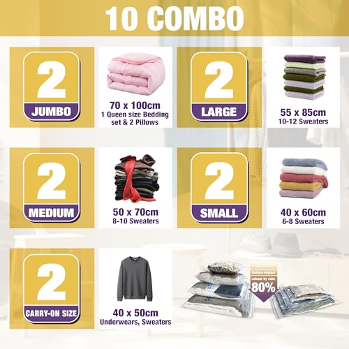 HIBAG Vacuum Storage Bags, 10-Pack Vacuum Seal Bags for Clothing Clothes, Space Saver Bags (2 Jumbo, 2 Large, 2 Medium, 2 Small, 2 Roll-up) with Pump (10-Combo) - size: 10-COMBO