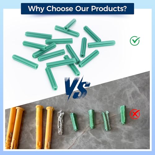 120 Pcs 7mm (1/4") x 38mm Plastic Expansion Anchors, Heavy Duty Green PE Wall Plugs for Concrete, Brick, Drywall & Hollow Walls - size: 7.38