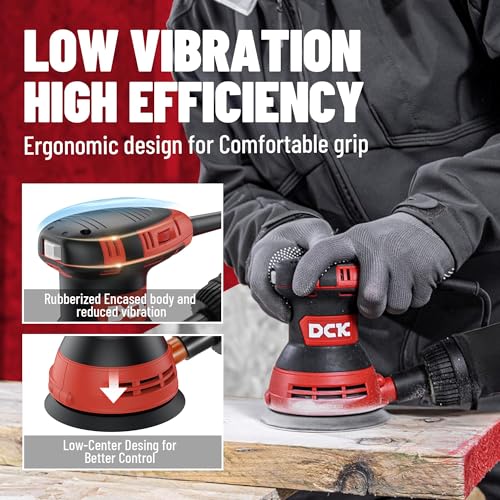 DCK Random Orbital Sander, 3.0 AMP Corded Palm Sander, 6 Speeds Max 12,000 OPM, 5-Inch with 10 pcs Sandpapers, Dust Bag, Low Vibration for Woodworking, Decoration Furniture (KSA125)