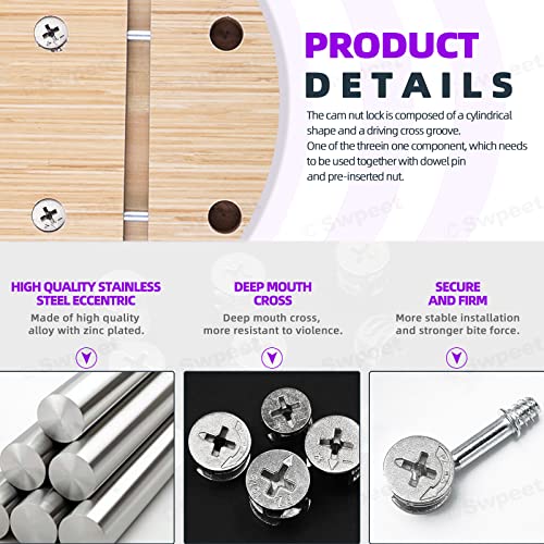 Swpeet 100Pcs 4 Sizes 3 in 1 Furniture Connecting Cam Lock Fittings Assortment Kit, Fastener Cabinet Connectors Hardware Bolts Furniture Connecting Lock Nut for Closets Bed Furniture Connecting