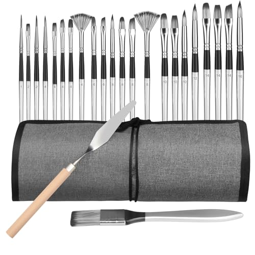 Paint Brushes Set, 24 Pcs Synthetic Acrylic Paint Brushes with Cloth Pouch and Palette Knife, Professional Artist Brushes for Acrylic Painting, Oil, Watercolor, Gouache, Face Painting (Grey)