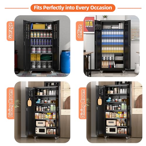 Aobabo Metal Garage Storage Cabinet with Wheels, 71" H, Black - color: Black, size: 18"D x 34"W x 71"H-0 Drawers