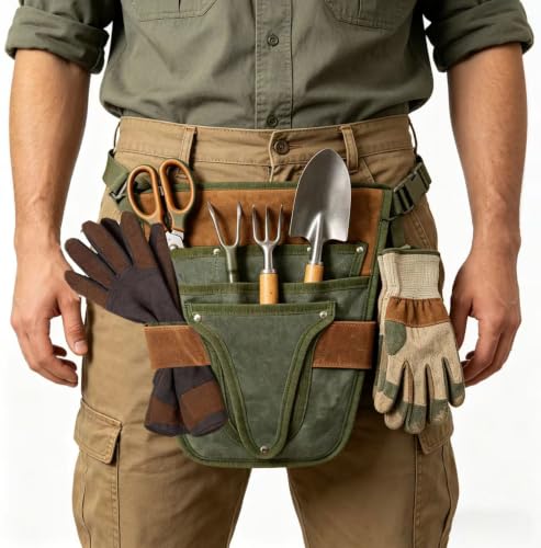 Gardening Tool Pouch for Waist, Hands-Free Canvas Tool Belt with 6 Pockets – Adjustable Waist Apron for Gardening Tools (Gardening Tools NOT Included)-Green - color: Army Green